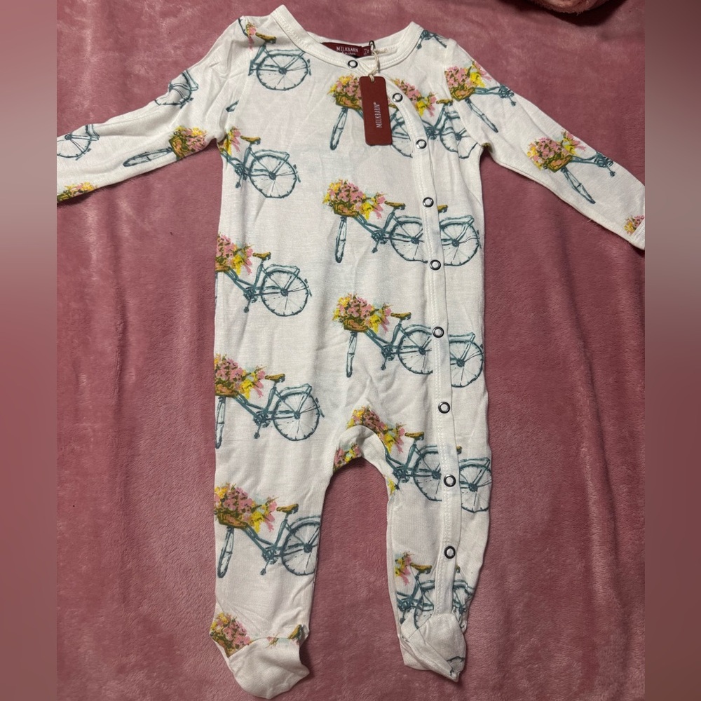 Milkbarn White and Blue Bicycle Print Kids One Piece